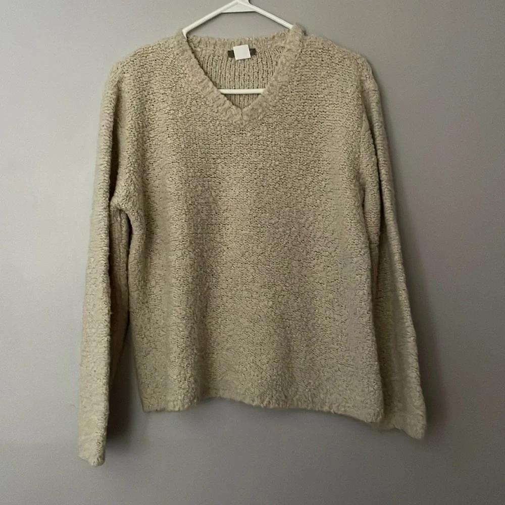 J. Crew V neck acrylic wool blend sweater. Machine wash. Nice, some wear